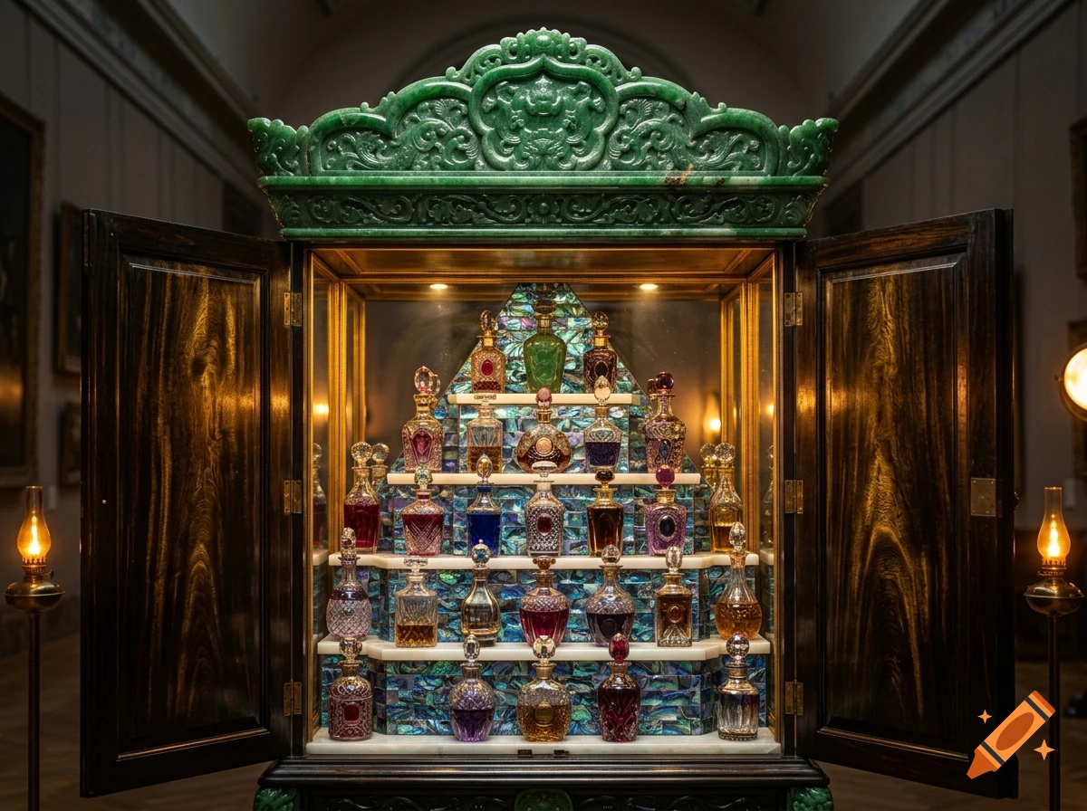 An ornate emerald jade cabinet with open wooden doors revealing stepped shelves filled with crystal perfume decanters.