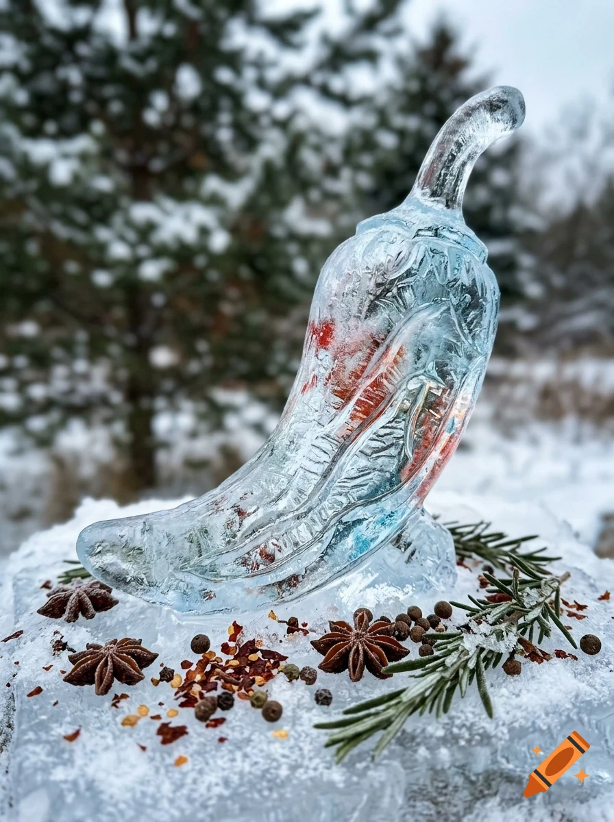 A chili pepper-shaped ice sculpture sits on a snow-covered surface surrounded by star anise, peppercorns, crushed red pepper flakes, and rosemary sprigs.