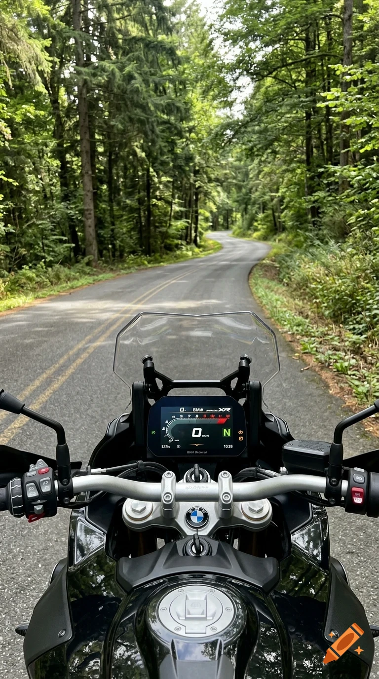 First-person view from the handlebars of a motorcycle riding along a winding paved road through a lush green forest.