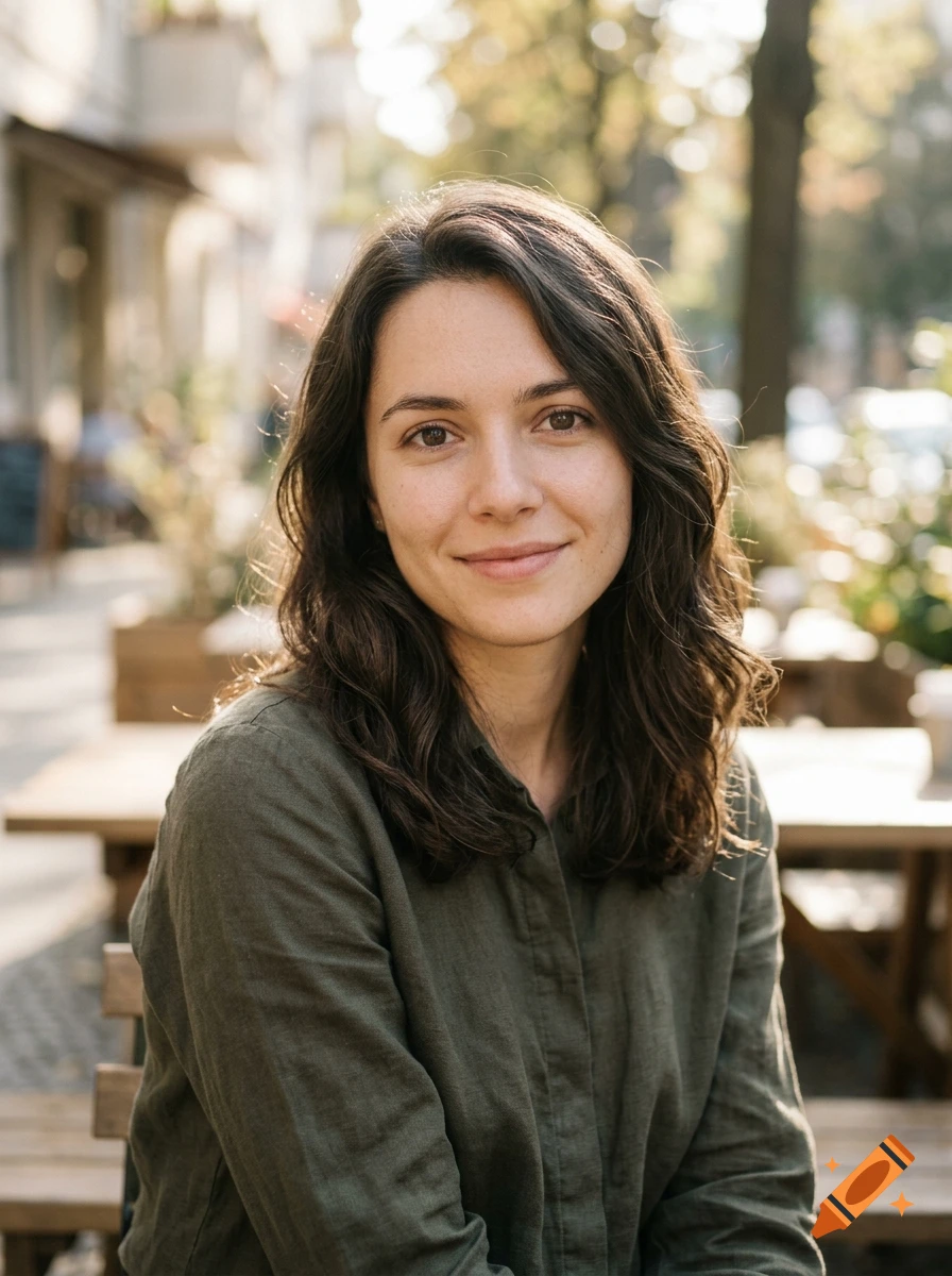 Photorealistic portrait of a young brunette woman smiling, sitting outdoors at a cafe.