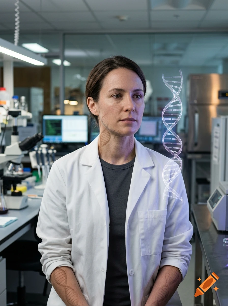 Photorealistic portrait of a female scientist in a laboratory with a glowing DNA helix floating next to her.