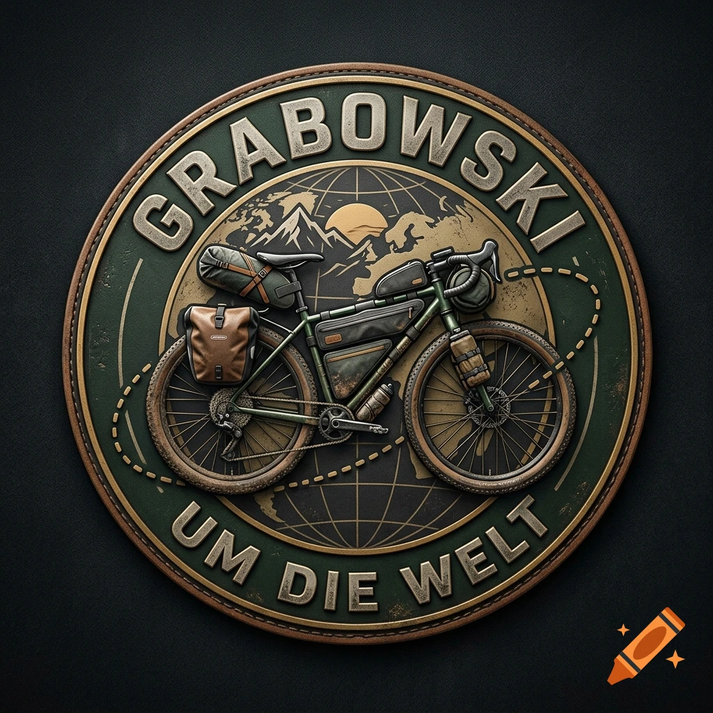 Round vintage-style logo for Grabowski um die Welt, featuring a packed bikepacking bicycle over a world map and mountain background.