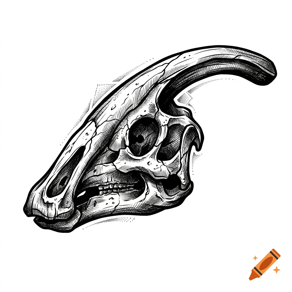Detailed ink and pencil illustration of a dinosaur skull featuring a prominent backward-curving crest.