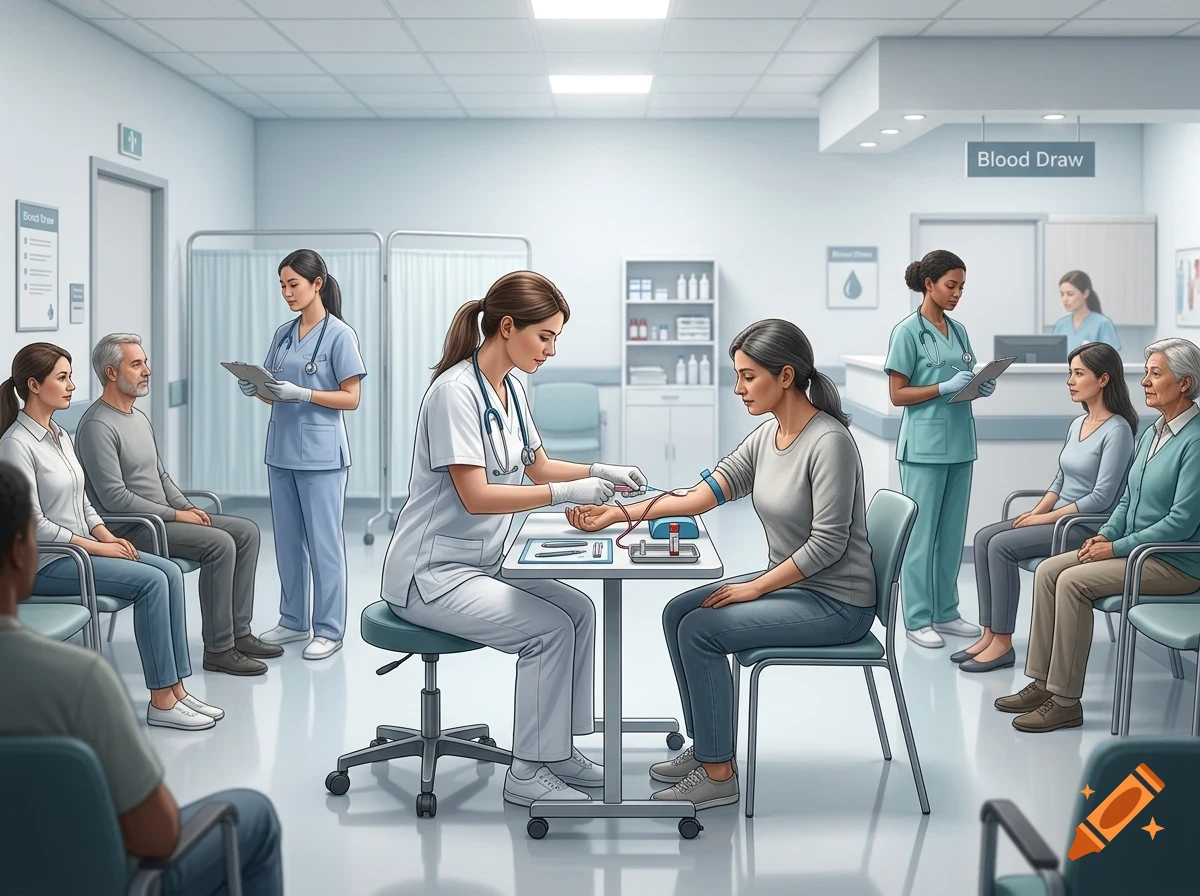 A medical professional in a white uniform draws blood from a patient's arm at a small table inside a busy hospital or clinic waiting room with several other people seated and standing.