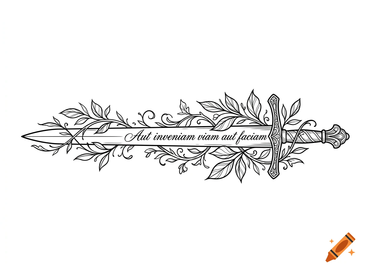 An ink-style illustration of a sword decorated with leafy vines and the Latin phrase Aut inviam viam aut faciam along the blade.