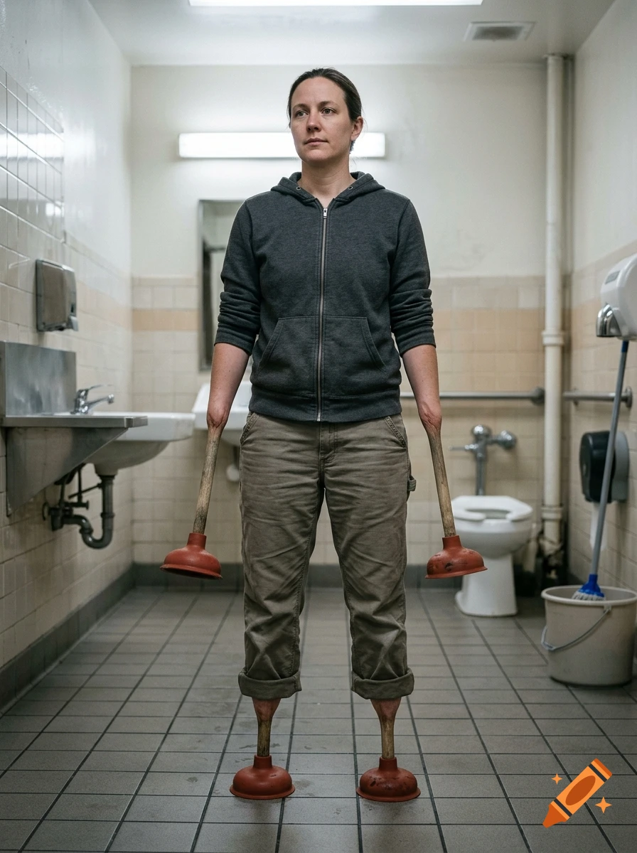 A photorealistic image of a person standing in a public restroom with red plungers replacing their hands and feet.