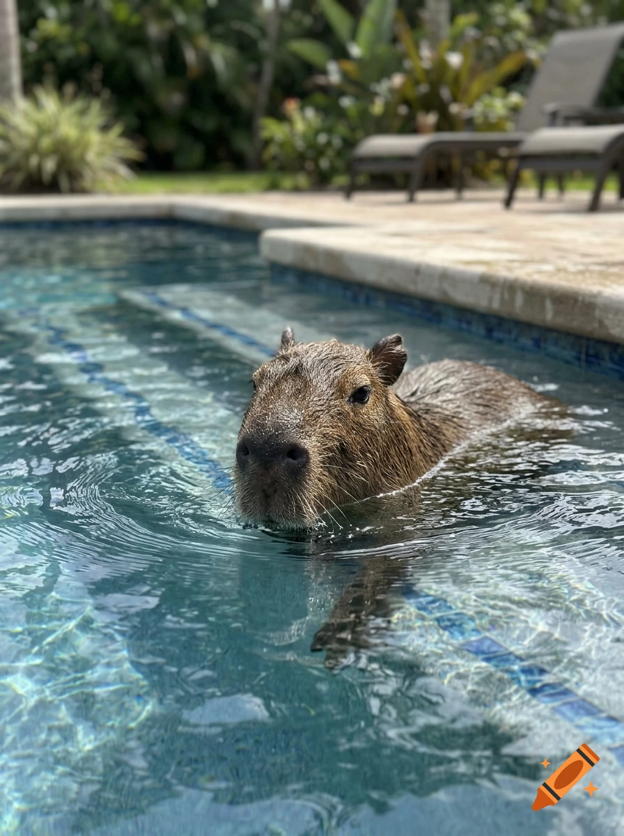 Photorealistic image of a capybara swimming in a clear swimming pool with green foliage and lounge chairs in the background.