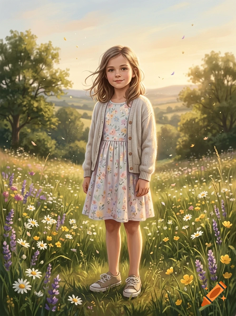 A young girl standing in a grassy meadow filled with wildflowers during sunset.