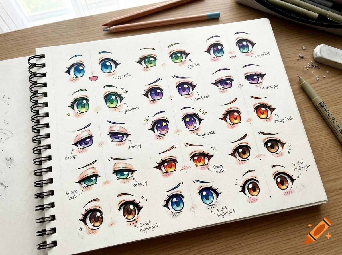An open sketchbook page on a wooden desk displays various illustrated anime eye designs in different colors, shapes, and expressions, with colored pencils and an eraser nearby.