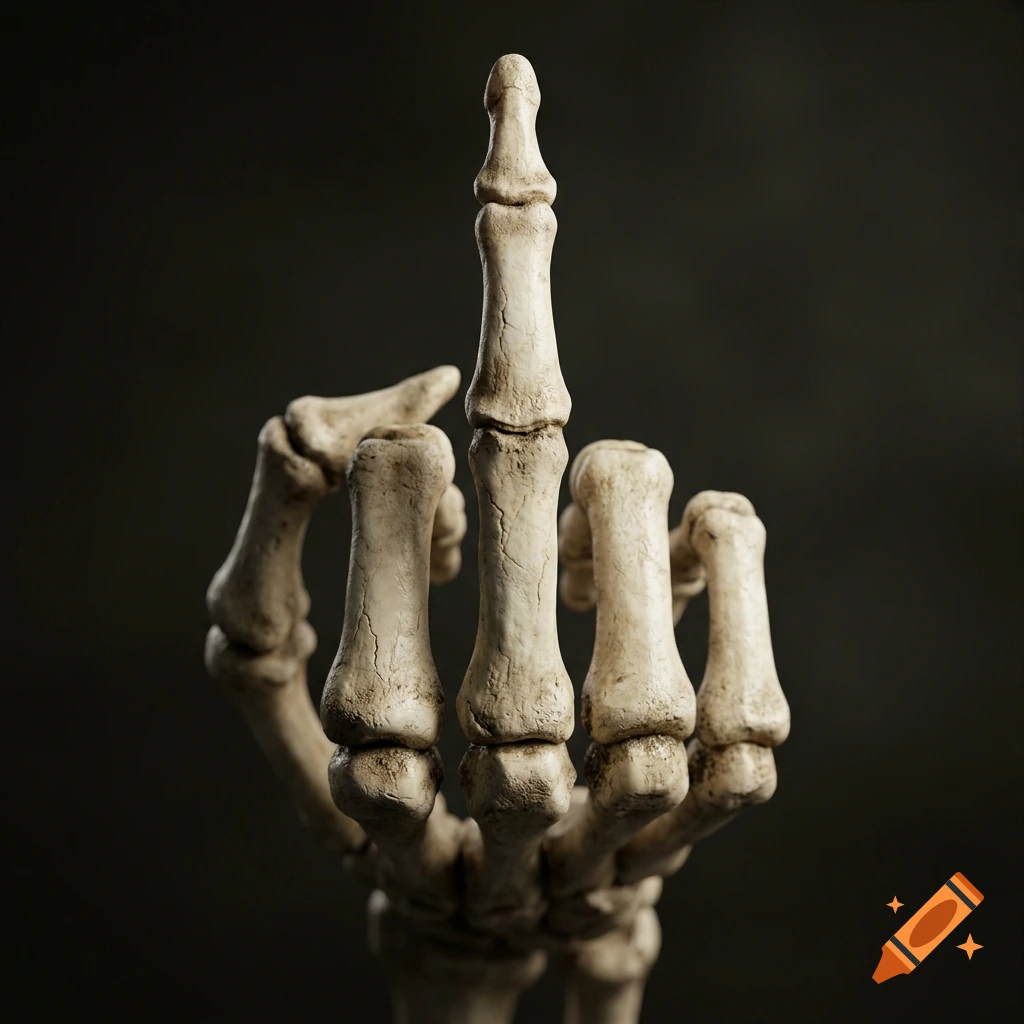 Close-up photorealistic shot of a skeletal hand making a middle finger gesture against a dark background.