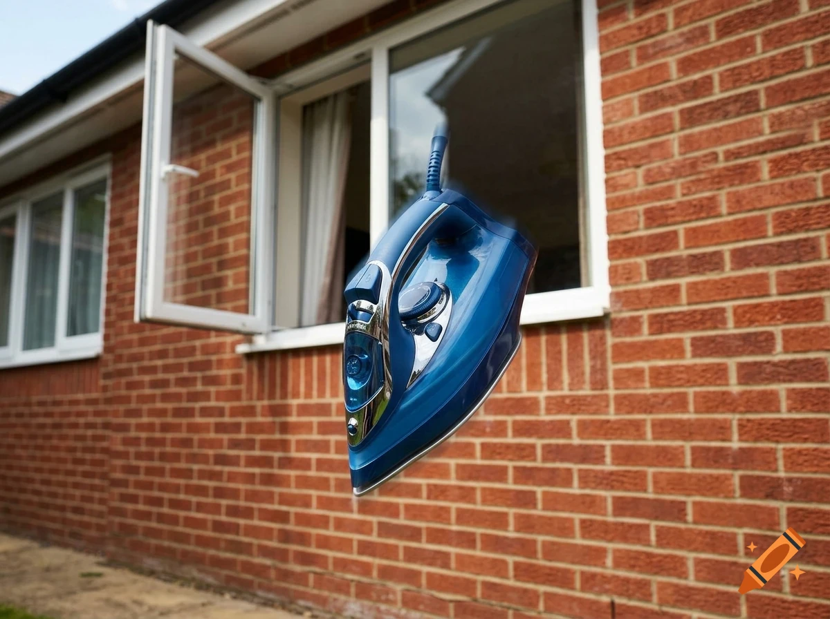 A blue clothes iron is floating in the air outdoors against a brick wall and open window.