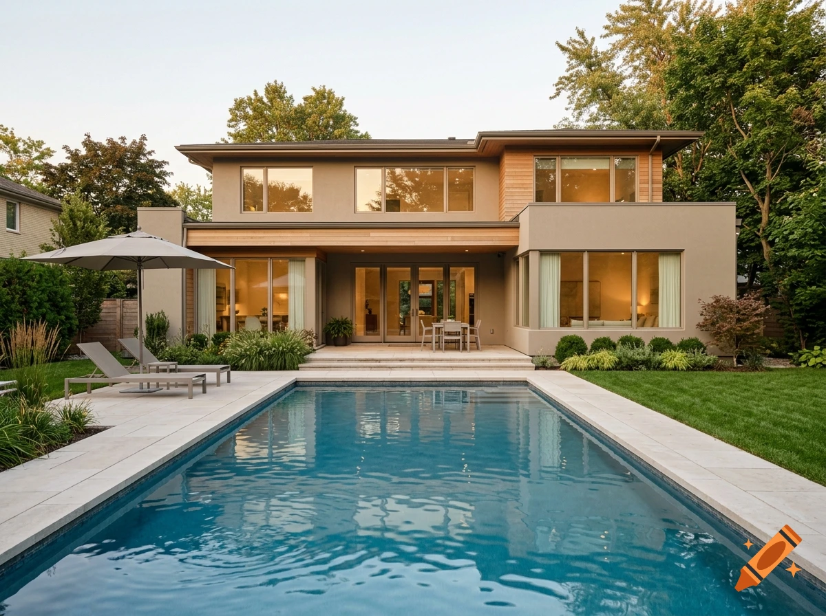 Modern two-story house with a backyard swimming pool, lounge chairs, and a patio table.