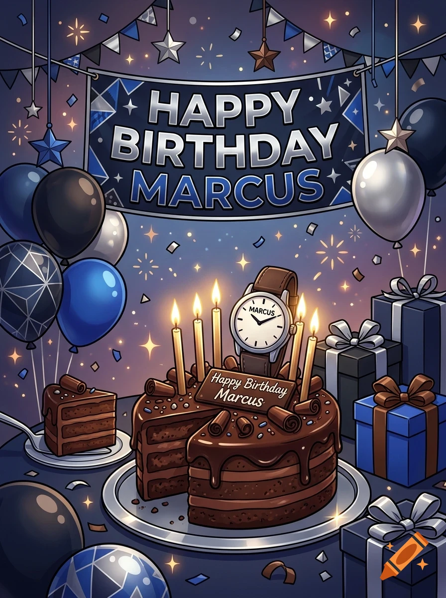 A birthday celebration scene featuring a large chocolate cake with lit candles and a wrist-watch topper reading Marcus, surrounded by birthday presents, balloons, and a Happy Birthday Marcus banner.