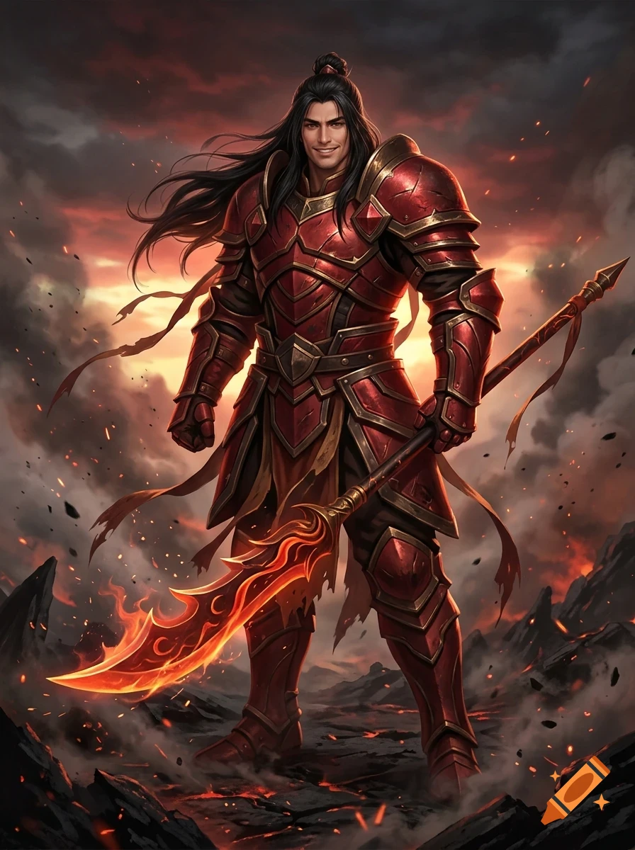 A smiling warrior in red armor holding a glowing polearm under a fiery, cloudy sky.