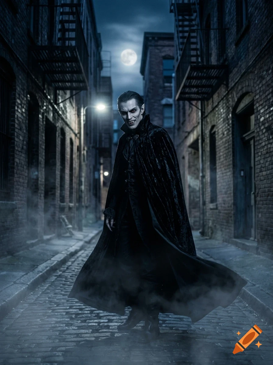 A vampire in a black cape standing in a narrow brick alleyway at night under a full moon.