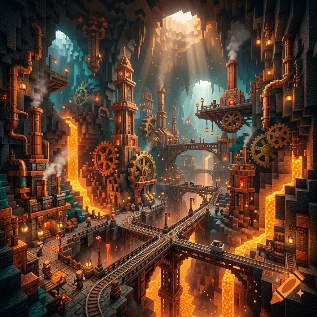 An intricate underground steampunk city inspired by Minecraft, featuring copper pipes, gears, and glowing lava waterfalls.