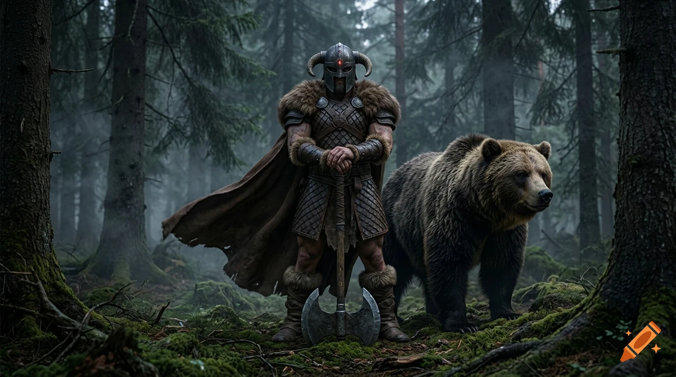 A warrior in horned armor and a large bear standing together in a misty pine forest.