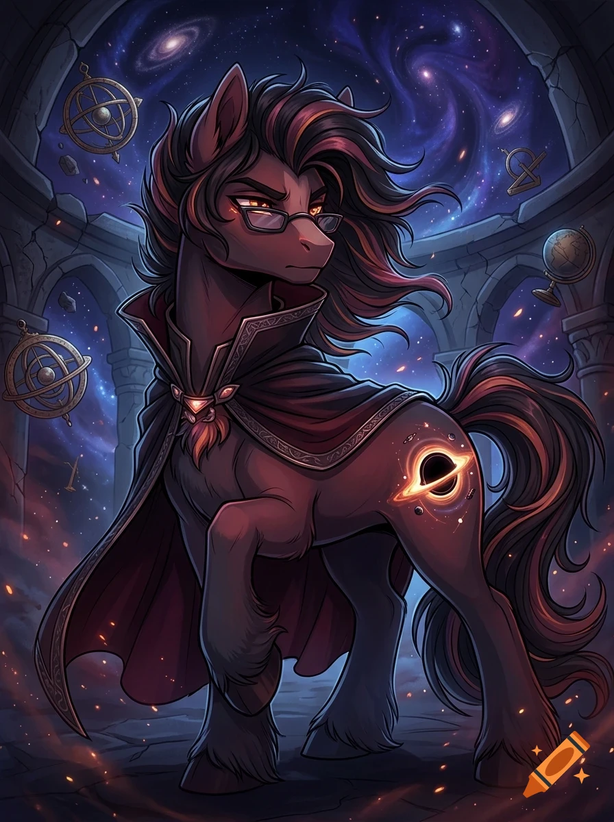 An anthropomorphic dark-coated pony wearing glasses and a cape stands in a ruined observatory with a starry galaxy visible through the open roof.