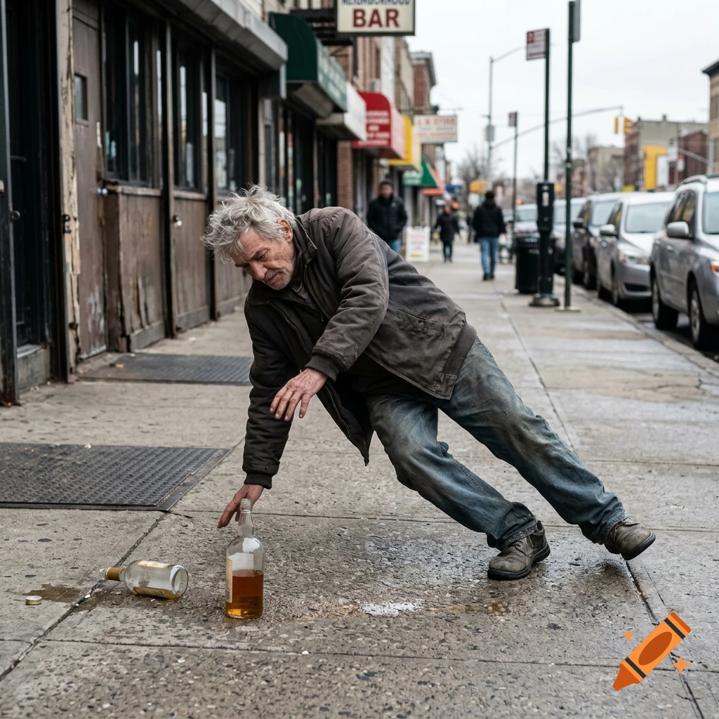 An elderly man falling on a city sidewalk next to a bottle of alcohol, photorealistic.
