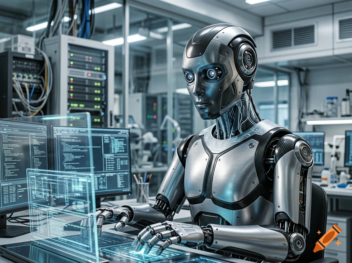 Photorealistic image of a humanoid robot typing on a holographic keyboard in a server room.