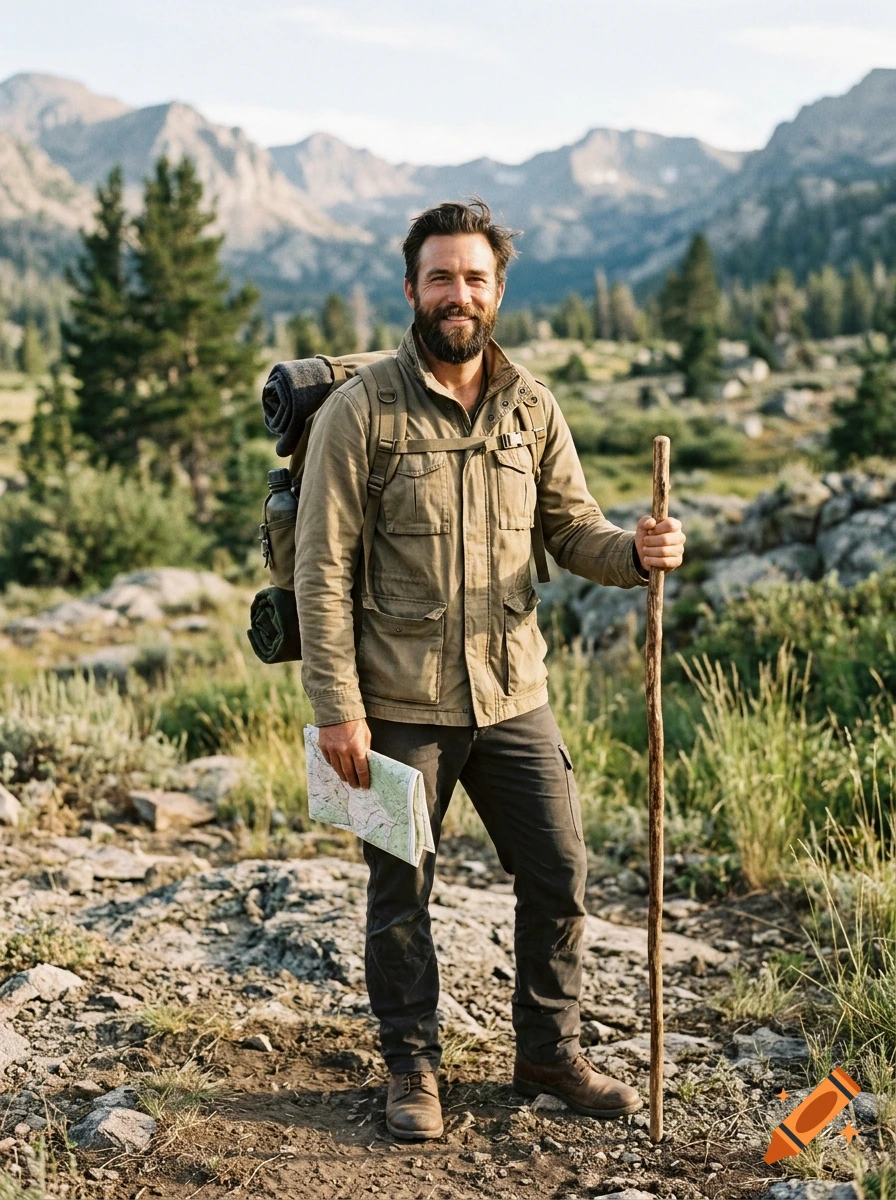 Photorealistic image of a smiling bearded male explorer holding a wooden walking stick and map in a mountainous landscape.