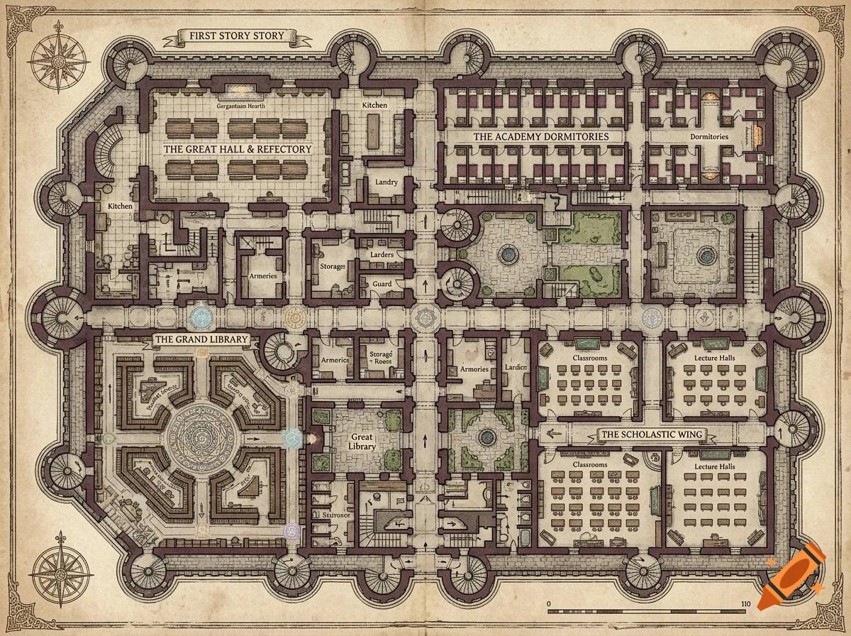 Detailed architectural floor plan of a fantasy castle featuring a great hall, dormitories, library, classrooms, and courtyards.