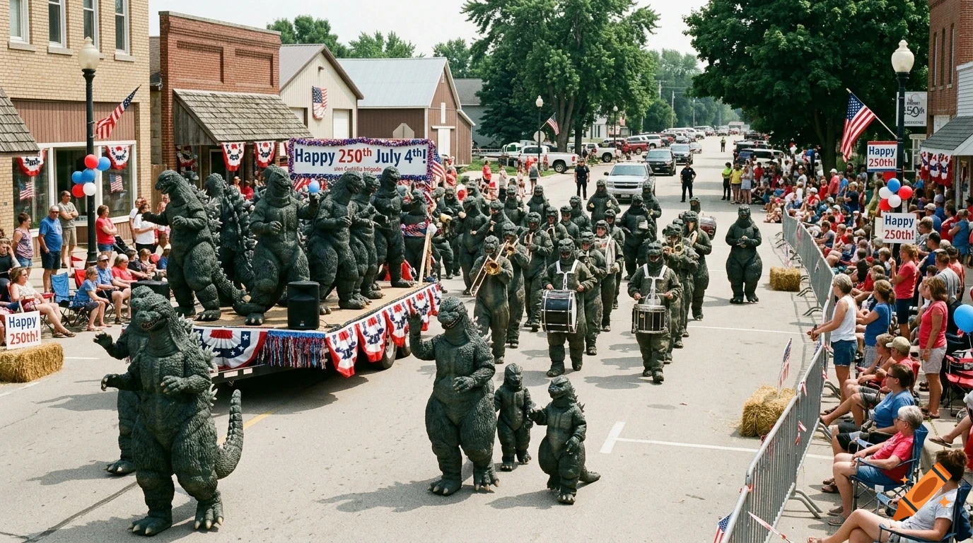 A small-town parade features a marching band and floats with people in monster costumes celebrating the 4th of July.