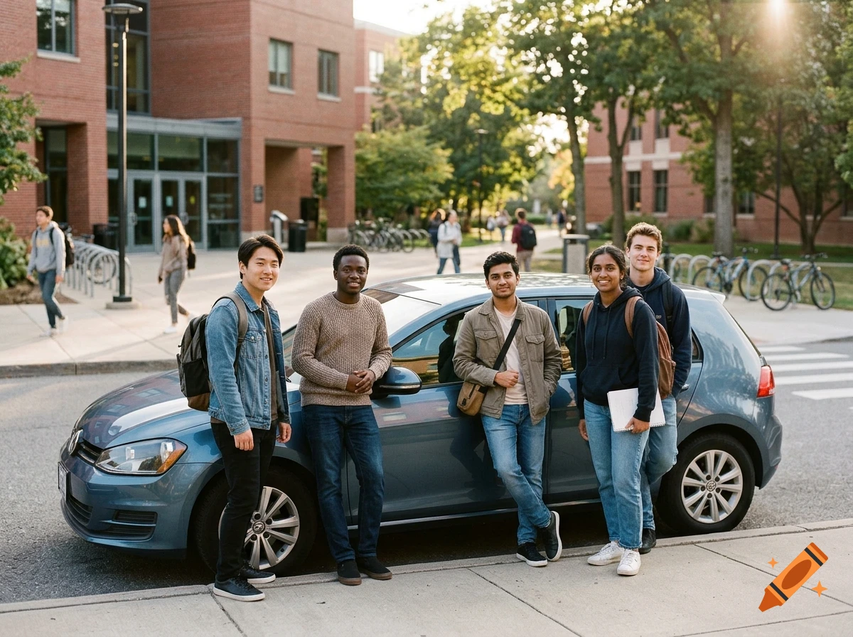 Group of international students posing together next to a blue car in front of a brick college building.