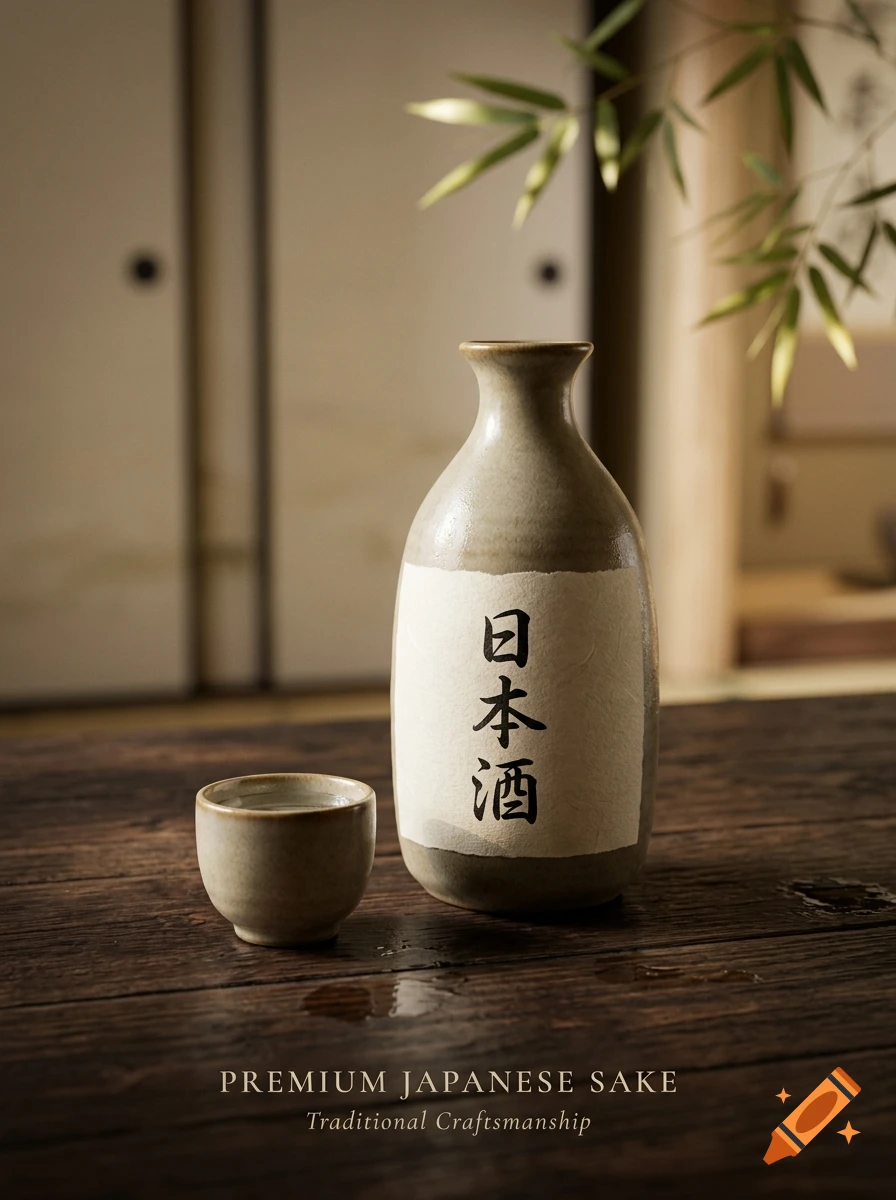 A ceramic sake bottle and cup sit on a dark wooden table in a traditional Japanese room with bamboo branches.