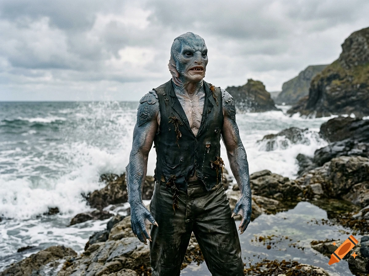 A photorealistic fishman creature standing on a rocky shore with crashing waves in the background.