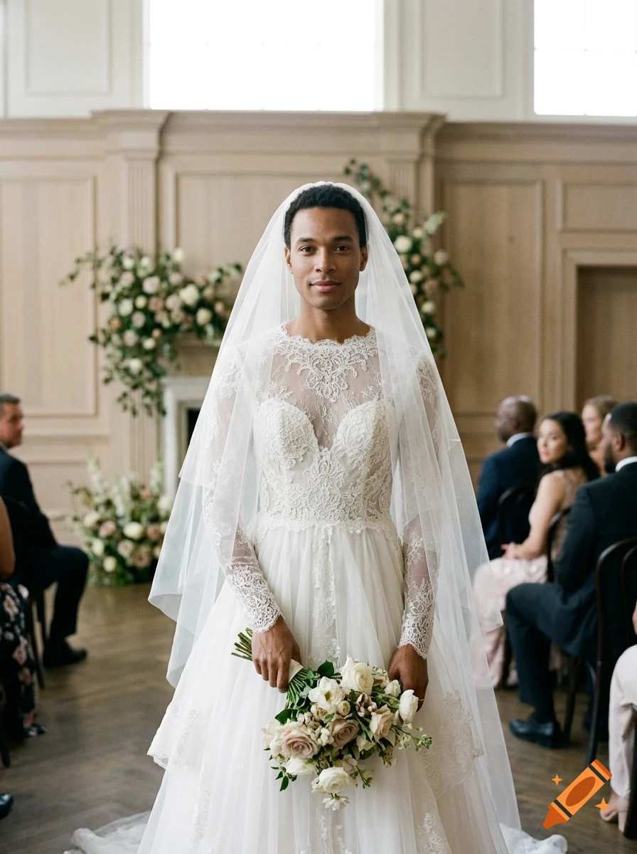 A person standing in a white lace wedding dress with a veil, holding a bouquet of flowers during a wedding ceremony.