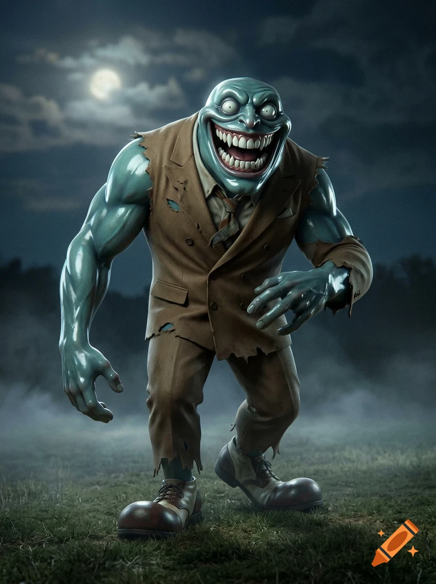 A muscular, grinning green creature wearing a tattered brown suit and large shoes stands in a dark, foggy field under a full moon.