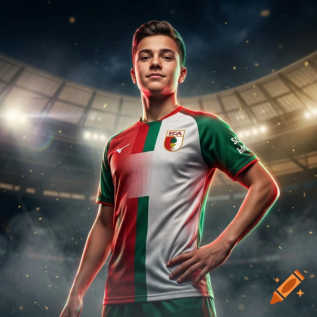 A young male soccer player in a red, white, and green jersey stands inside a stadium with bright floodlights.