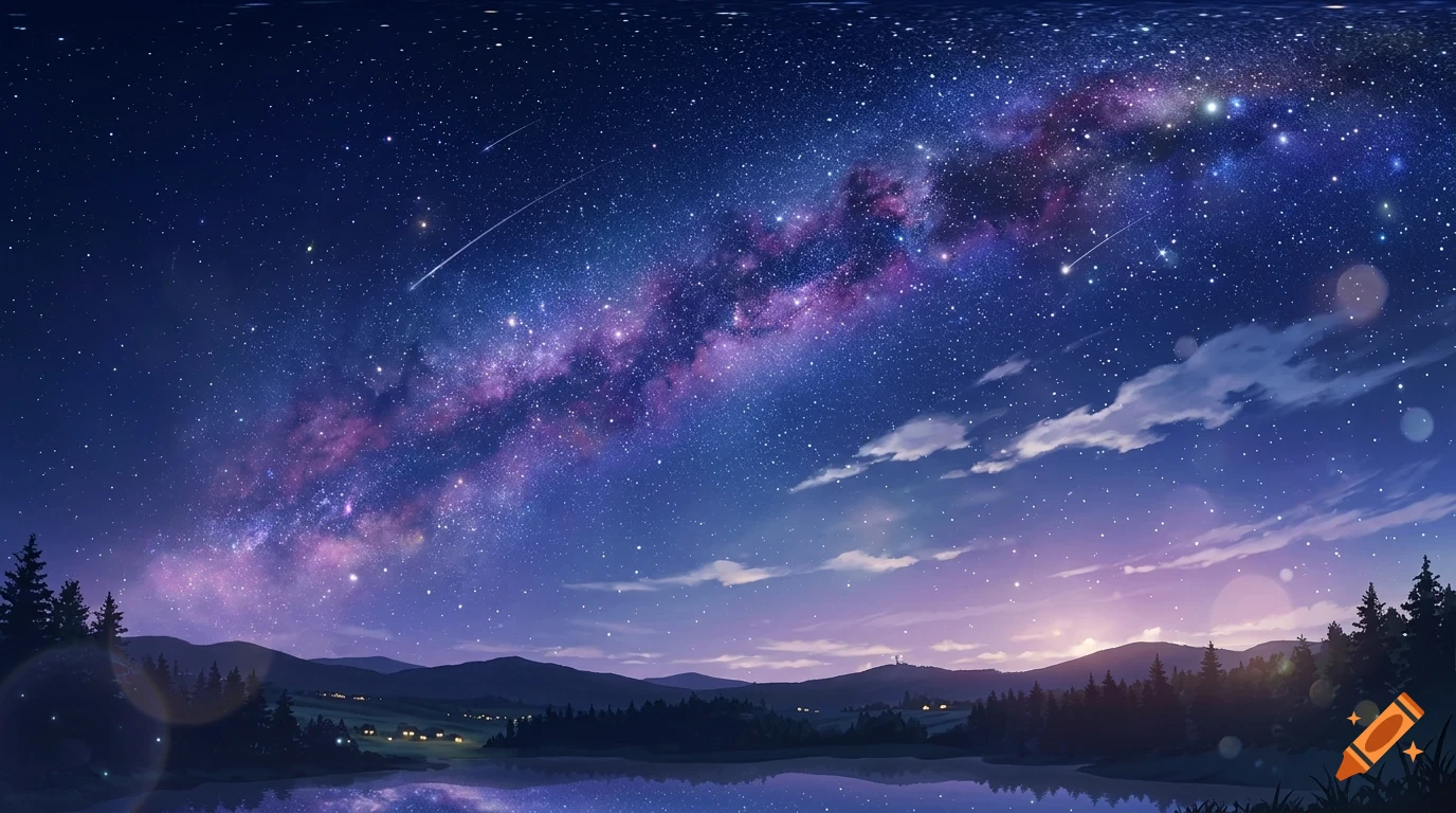An illustrated night sky with a vibrant Milky Way galaxy arching over a landscape of mountains, forests, and a calm lake.