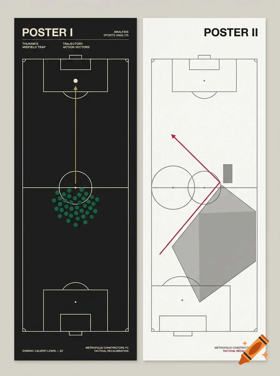 Two sports analysis posters featuring soccer tactical diagrams, one with a black background and one with a white background.