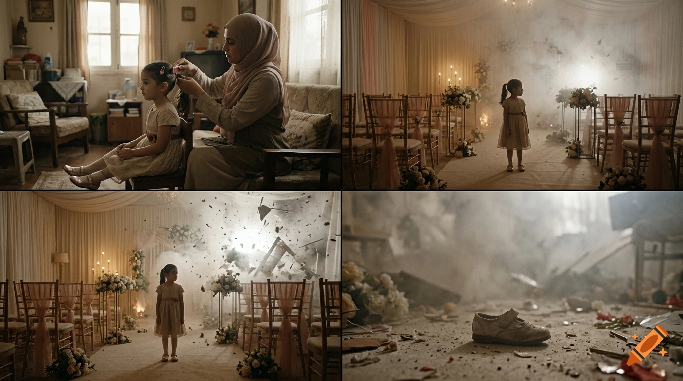 Four-panel comic-style photorealistic sequence showing a girl getting her hair styled, a wedding venue, an explosion, and a single shoe in debris.