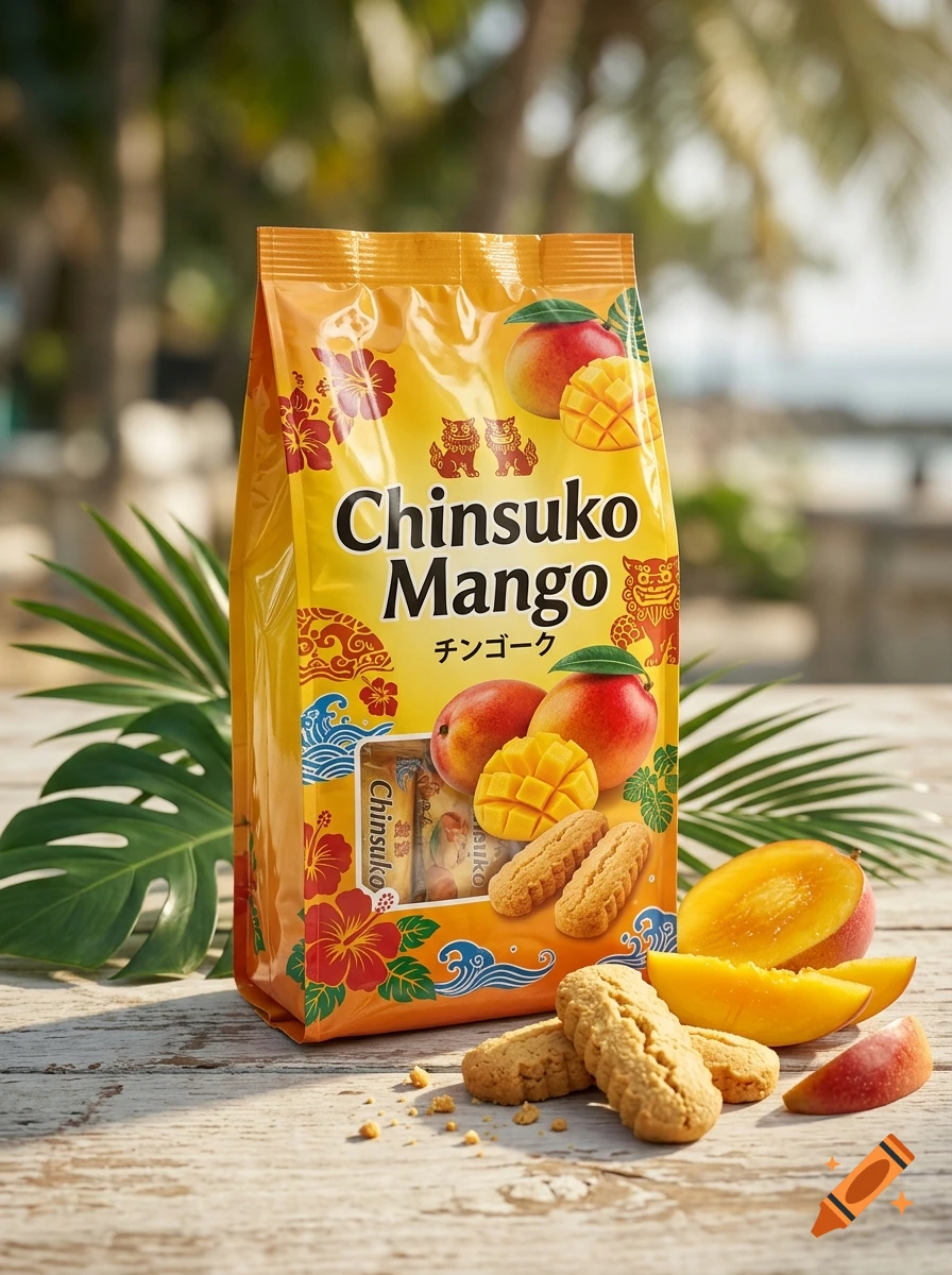 A bag of Chinsuko Mango cookies and mango slices on a rustic wooden table with tropical foliage in the background, photorealistic.