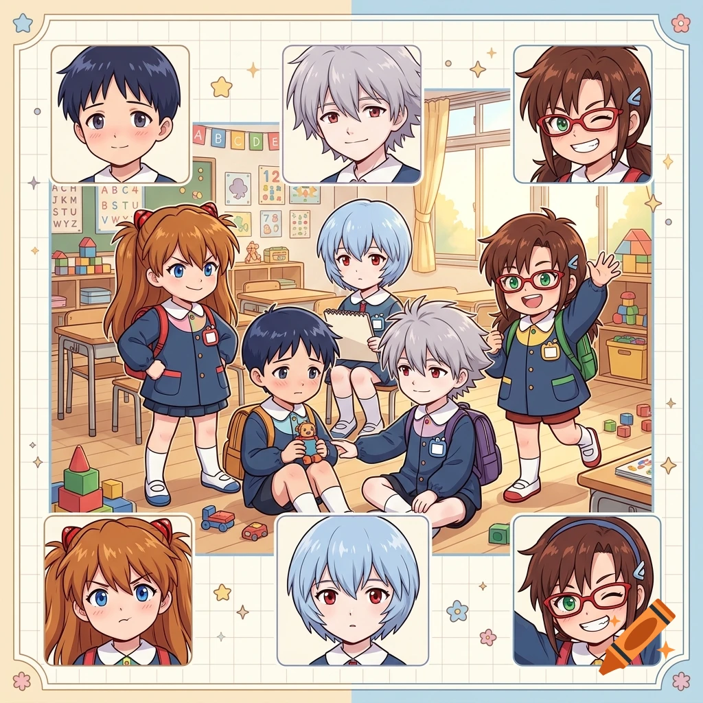 Anime character sheet style illustration featuring Evangelion characters as kindergarten children in a classroom.