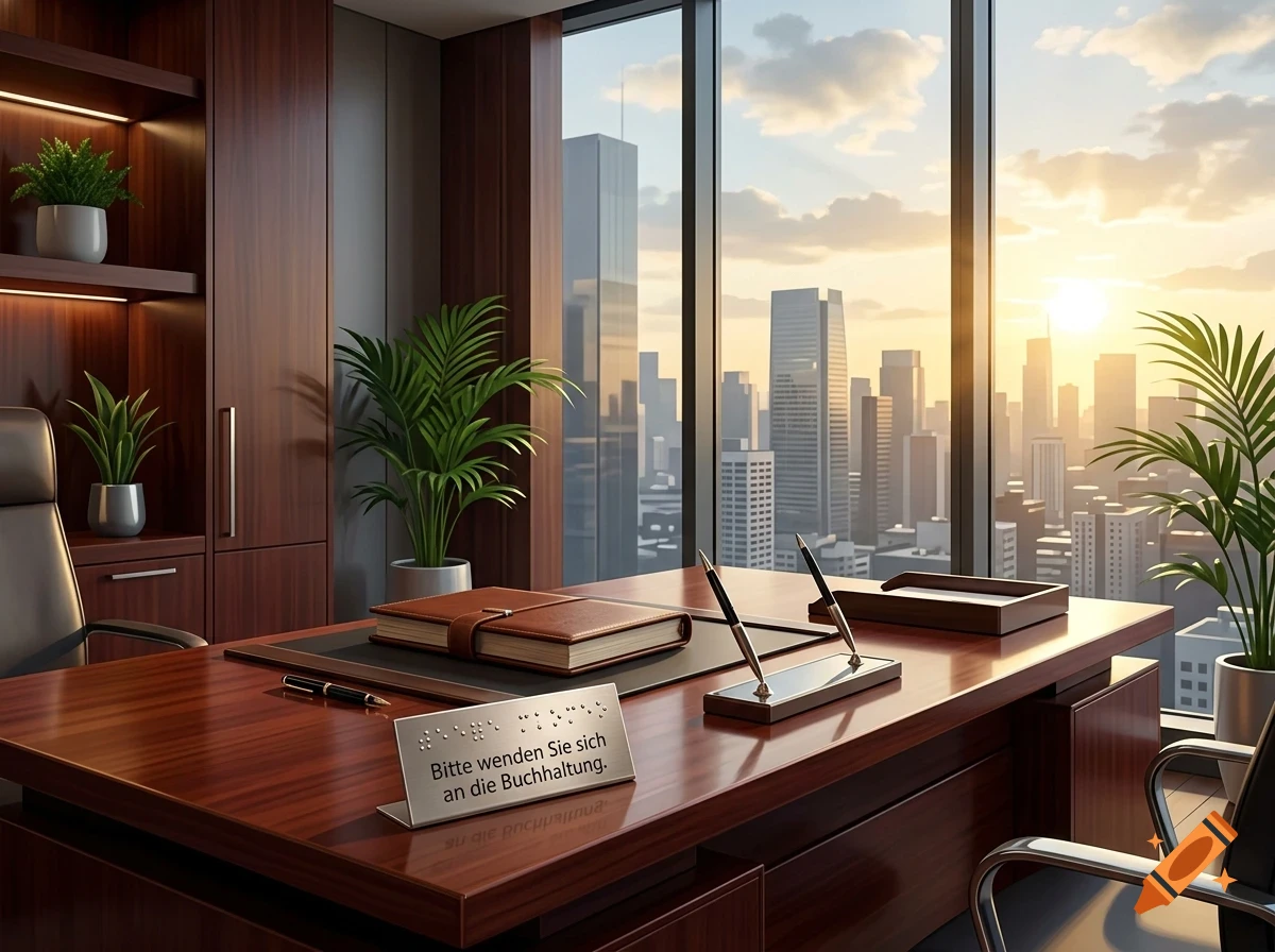 A luxurious modern office interior with a large wooden desk, a leather armchair, potted plants, and floor-to-ceiling windows overlooking a city skyline at sunset.