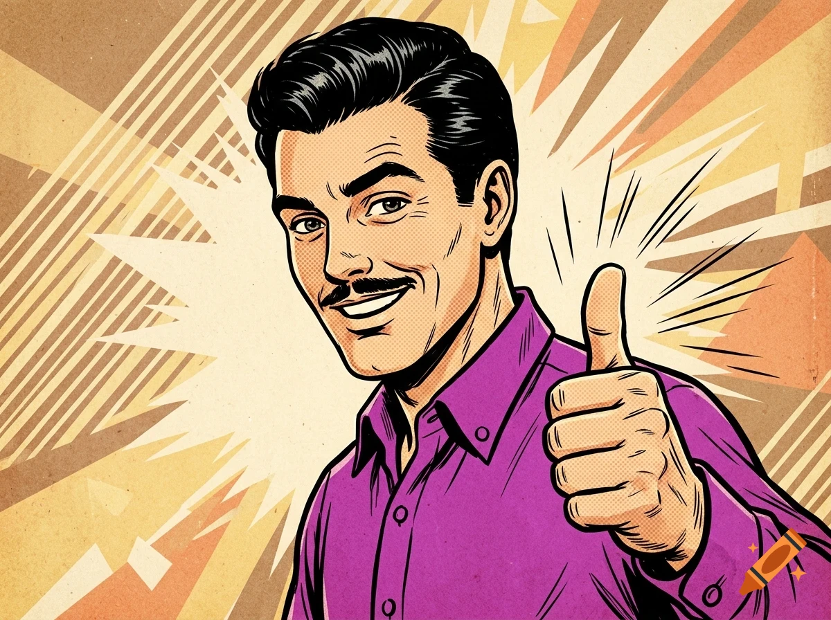 A pop art style illustration of a smiling man with dark hair and a mustache giving a thumbs up.