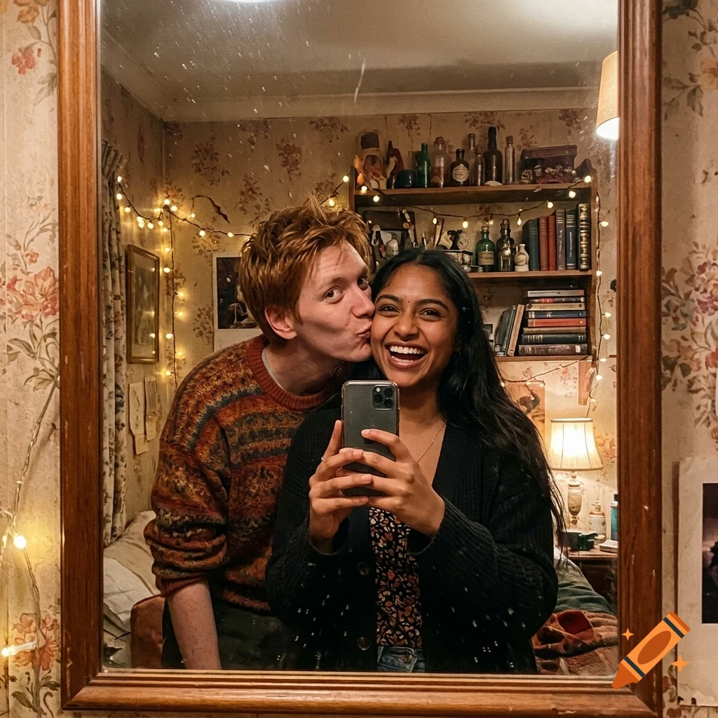 A young man kissing a smiling woman on the cheek while she takes a mirror selfie in a cozy room.