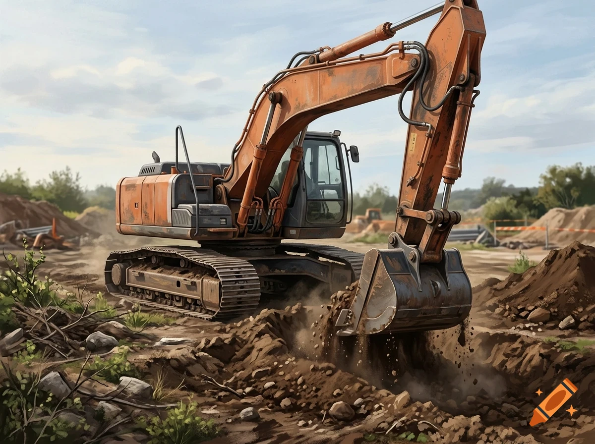 An orange tracked excavator digging into dirt on a construction site.