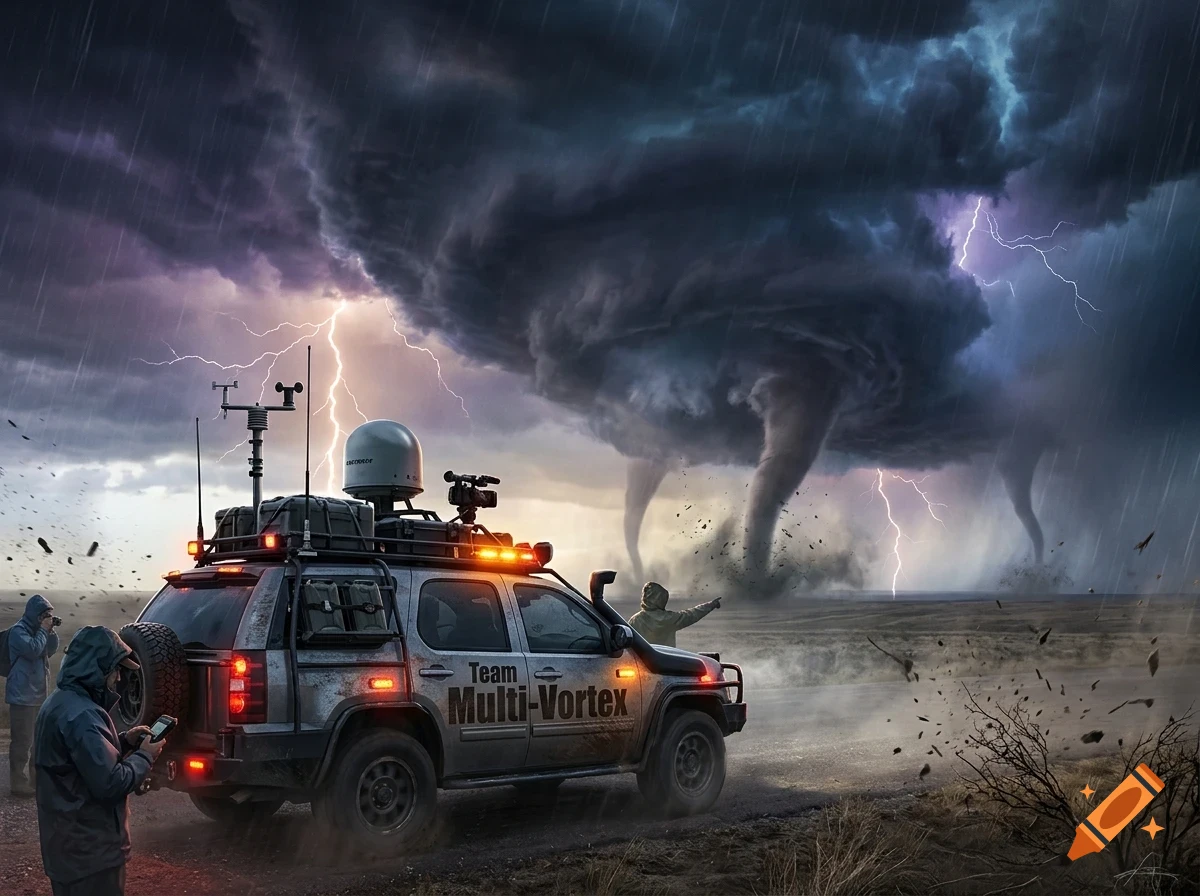 Storm chasers with a specialized vehicle observing a massive multi-vortex tornado and lightning under dark stormy skies.