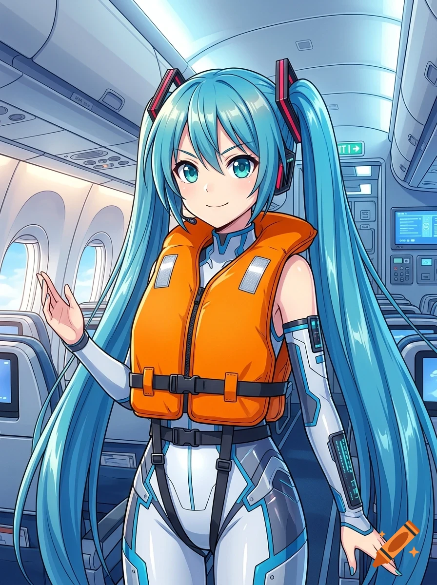 An anime-style illustration of a character with long blue twintails wearing an orange life vest inside an airplane cabin.