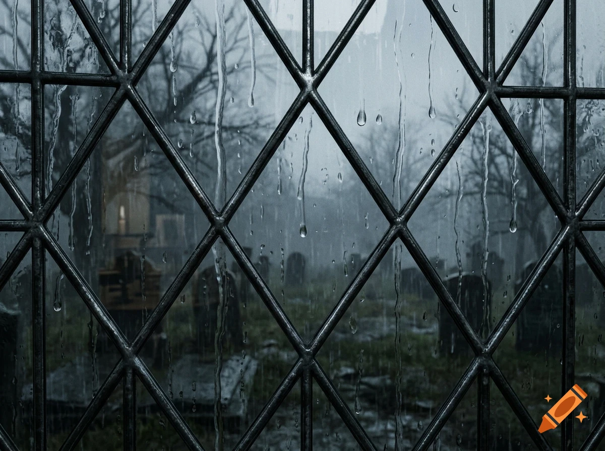 A rainy day viewed through a leaded glass window, showing a misty cemetery with gravestones outside.