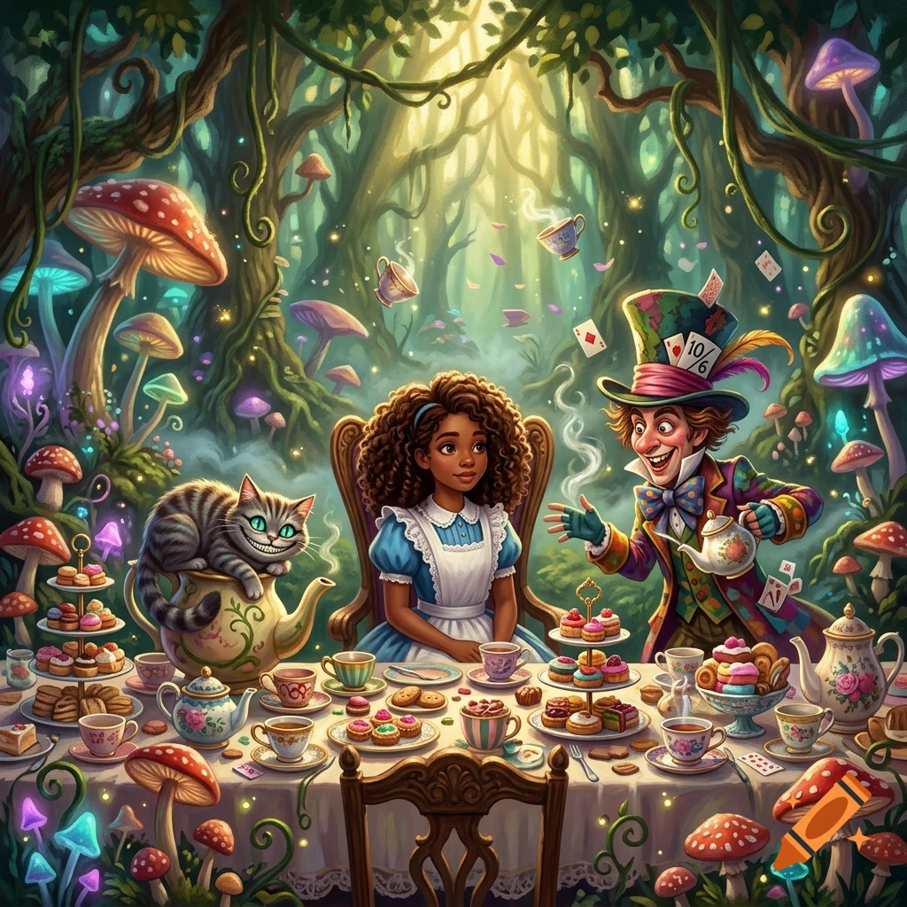 Illustration of Alice with curly hair, the Cheshire Cat, and the Mad Hatter having tea in a magical forest.