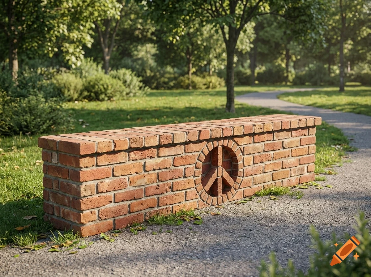 A long red brick bench featuring a circular peace sign design on its side, situated outdoors in a green park near a pathway and trees.