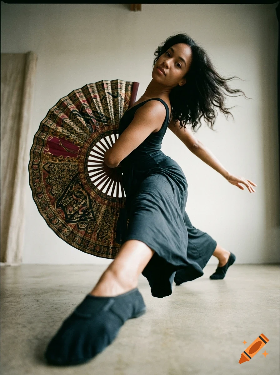 A dancer in a black outfit dynamically poses while holding a large, ornate folding fan.