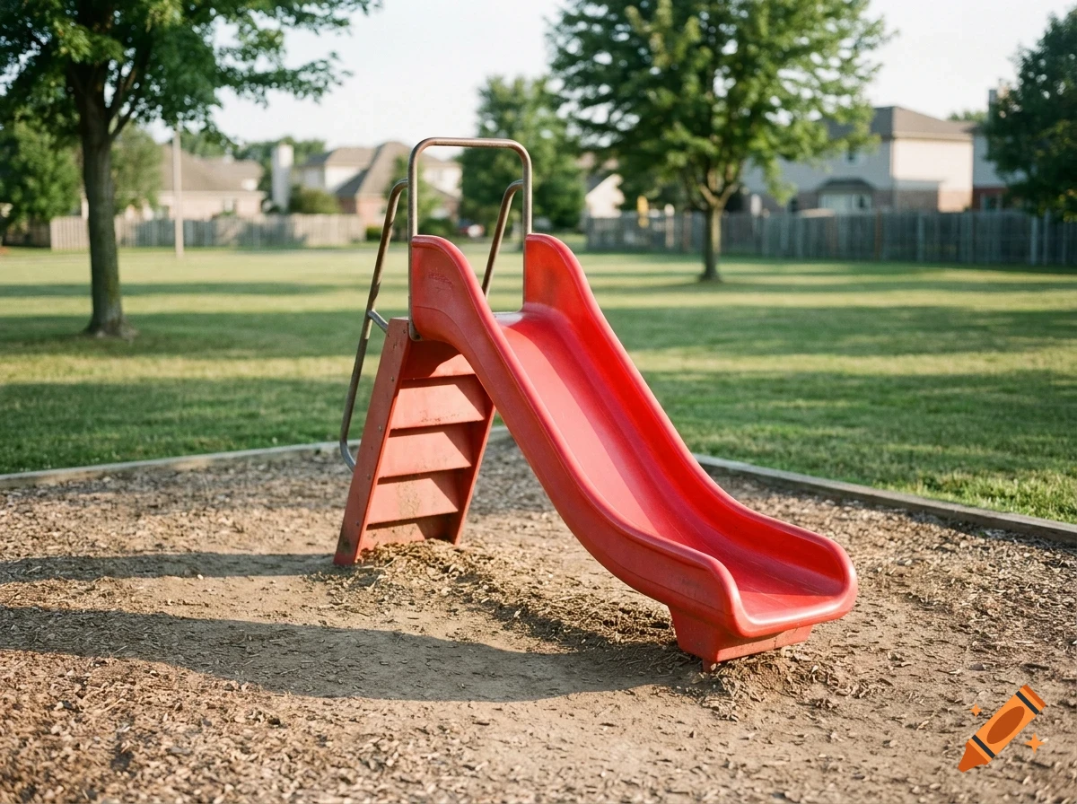 A freestanding red plastic playground slide on mulch with a grassy field and houses in the background.