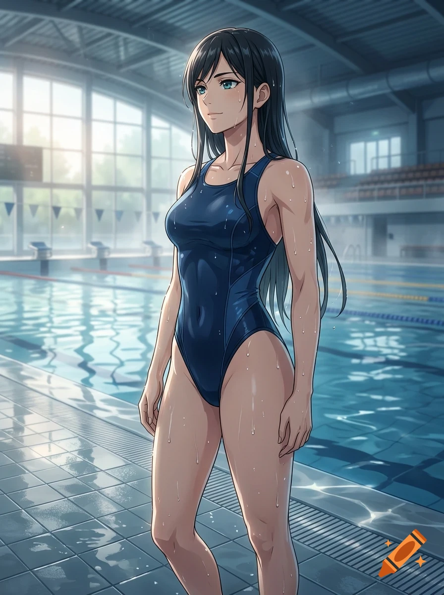 An anime-style illustration of a woman with long black hair wearing a blue one-piece swimsuit standing by an indoor swimming pool.